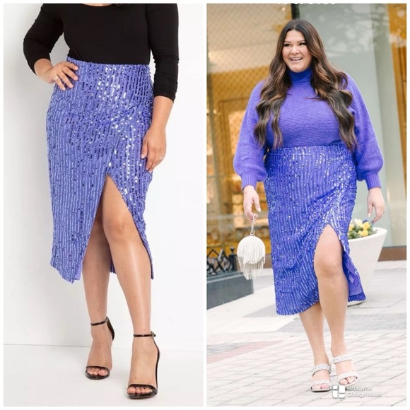 ELOQUII Purple Sequin Midi Skirt, New! - Picture 1 of 8